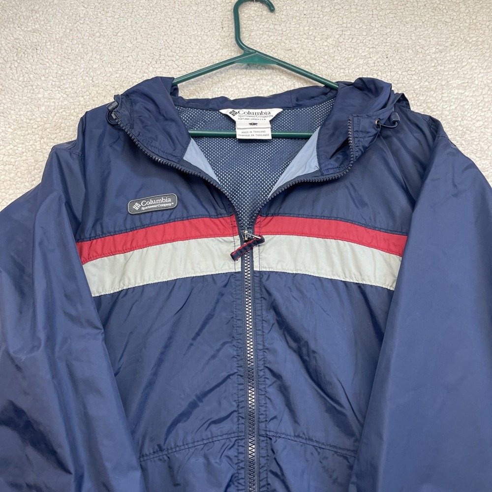 Columbia‎ Windbreaker Mens L Blue Packable XM2049 Hooded Colorblock Jacket